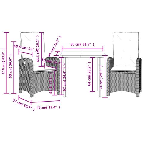Set Pranzo da Giardino 3pz con Cuscini Grigio Chiaro Polyrattan - Foto 9