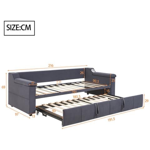 Divano Letto Imbottito 90/180x190 Cm, Con Impianto Stereo Smart Bluetooth, Caricatore Usb, Vani Portaoggetti E Rete A Doghe, Tessuto Velour, Grigio, Senza Materasso - Foto 2
