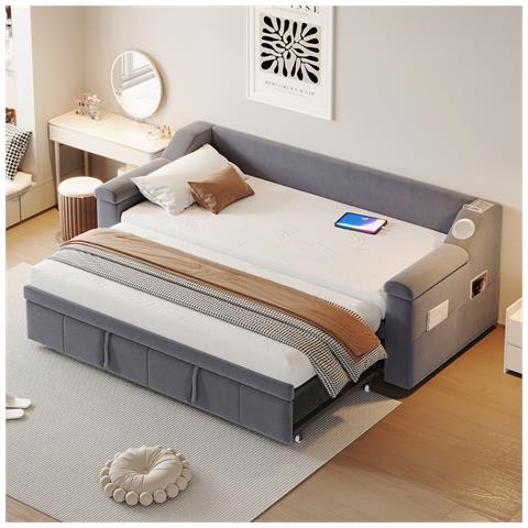 Divano Letto Imbottito 90/180x190 Cm, Con Impianto Stereo Smart Bluetooth, Caricatore Usb, Vani Portaoggetti E Rete A Doghe, Tessuto Velour, Grigio, Senza Materasso - Foto 1