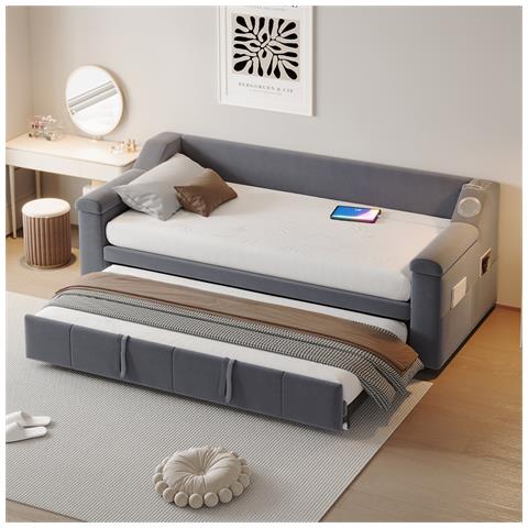 Divano Letto Imbottito 90/180x190 Cm, Con Impianto Stereo Smart Bluetooth, Caricatore Usb, Vani Portaoggetti E Rete A Doghe, Tessuto Velour, Grigio, Senza Materasso - Foto 4