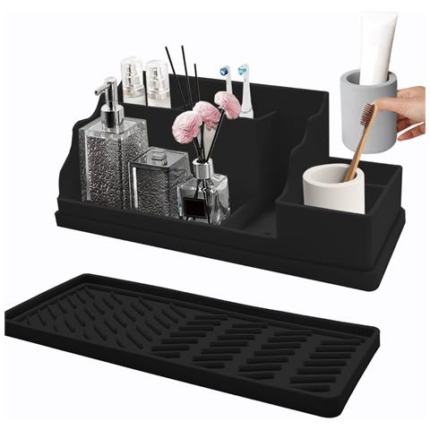 Organizzatore Porta Spazzolini Da Bagno In Silicone 2-in-1 - Contenitore Con Vassoio Di Drenaggio Black - Foto 1