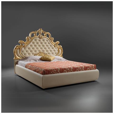Letto Matrimoniale Imbottito Aleksandra In Stile Barocco Con Contenitore In Ecopelle In Crema Inserti In Oro E Pietre Cristallo - Foto 1