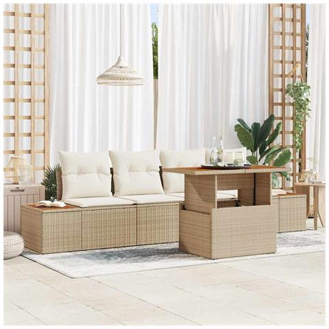 Set da Pranzo da Giardino 5 Pezzi con Cuscini Beige in Polyrattan e Acacia - Foto 2