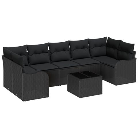 Set di Divani da Giardino  8 Pezzi con Cuscini Nero Polyrattan, Divano da Giardino  2 Posti con Cuscini Nero Polyrattan - Foto 1