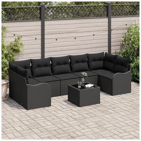 Set di Divani da Giardino  8 Pezzi con Cuscini Nero Polyrattan, Divano da Giardino  2 Posti con Cuscini Nero Polyrattan - Foto 2