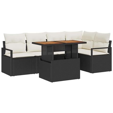 Set Divano da Giardino 6 Pezzi con Cuscini Nero Rattan Polietilene Acacia, Divano da Giardino 2 Posti con Cuscini Nero Rattan Polietilene - Foto 1