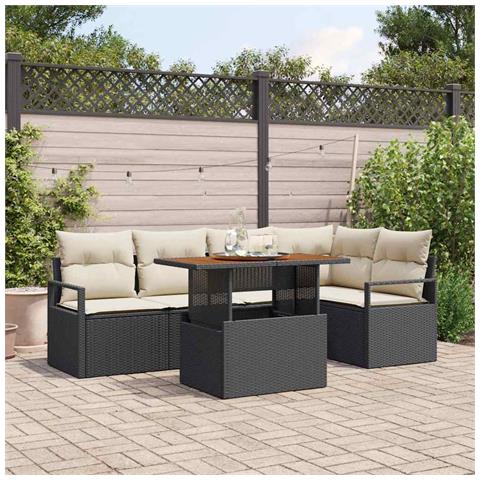 Set Divano da Giardino 6 Pezzi con Cuscini Nero Rattan Polietilene Acacia, Divano da Giardino 2 Posti con Cuscini Nero Rattan Polietilene - Foto 2