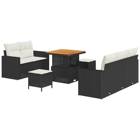 Set Divano Giardino  8 Pezzi con Cuscini Rattan Nero Acacia, Set Da Pranzo Giardino  3 Pezzi con Cuscini Rattan Nero Acacia - Foto 1