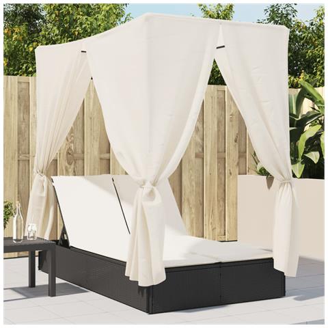 Lettino Prendisole con Tetto e Tende Nero in Polyrattan - Foto 2