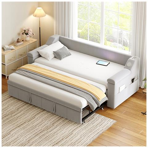 Divano Letto Imbottito 90/180x190 Cm, Con Impianto Stereo Smart Bluetooth, Caricatore Usb, Vani Portaoggetti E Rete A Doghe, Tessuto Velour, Grigio Chiaro, Senza Materasso - Foto 1