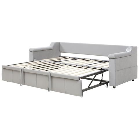 Divano Letto Imbottito 90/180x190 Cm, Con Impianto Stereo Smart Bluetooth, Caricatore Usb, Vani Portaoggetti E Rete A Doghe, Tessuto Velour, Grigio Chiaro, Senza Materasso - Foto 4