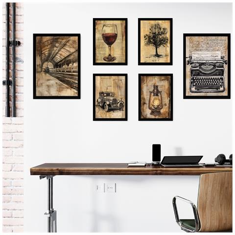 Set Di 6 Stampe Stile Di Vita Dello Scrittore Vintage Incorniciato Con Illustrazioni Di Design Per Le Pareti Casa Stanza Ufficio A3 & A4 Cornice Nera - Foto 1