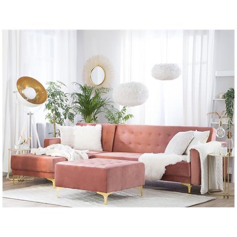 Divano Angolare Con Ottomana Aberdeen Rosa Velluto Destra - Foto 9