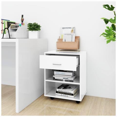 Mobiletto con Ruote Bianco Lucido 46x36x59 cm Legno Multistrato - Foto 2