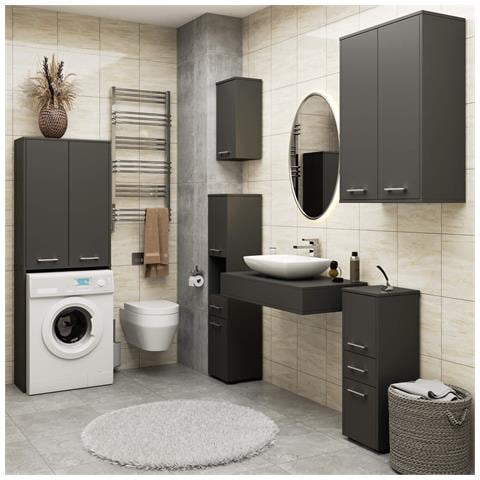 Mobile Alto, Collona da Bagno FIN per Lavatrice, 2 ante, 64x30x180 cm, Colore Grigio Grafite - Foto 6