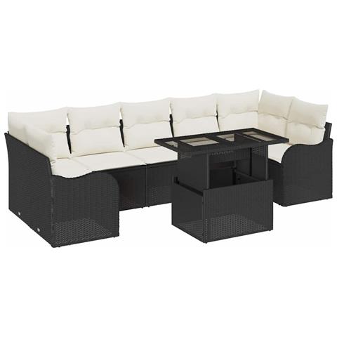 Set di divani da giardino da 8 pezzi con cuscini in rattan nero, Divano da giardino da 2 posti con cuscini in rattan nero - Foto 1