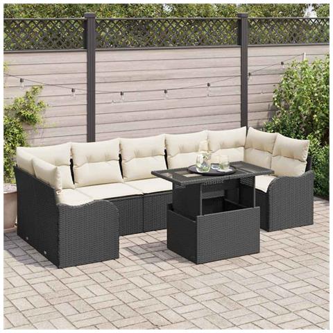 Set di divani da giardino da 8 pezzi con cuscini in rattan nero, Divano da giardino da 2 posti con cuscini in rattan nero - Foto 2