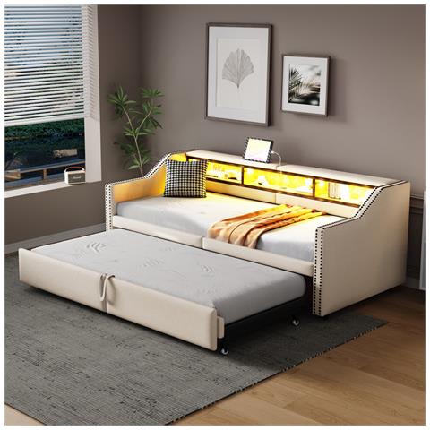 Letto Imbottito Divano-letto 90/180 X 200 Cm Con Rete A Doghe, Contenitore Multifunzionale, Luce Led E Presa Usb, Lino+metallo+compensato+mdf, Beige, Senza Materasso - Foto 1