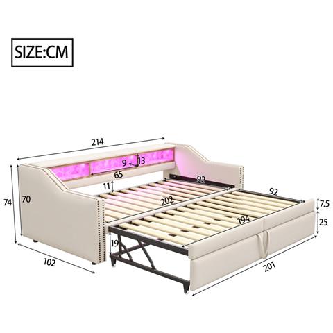 Letto Imbottito Divano-letto 90/180 X 200 Cm Con Rete A Doghe, Contenitore Multifunzionale, Luce Led E Presa Usb, Lino+metallo+compensato+mdf, Beige, Senza Materasso - Foto 2