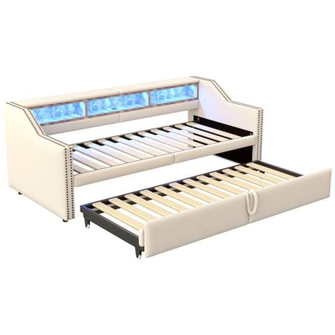 Letto Imbottito Divano-letto 90/180 X 200 Cm Con Rete A Doghe, Contenitore Multifunzionale, Luce Led E Presa Usb, Lino+metallo+compensato+mdf, Beige, Senza Materasso - Foto 4