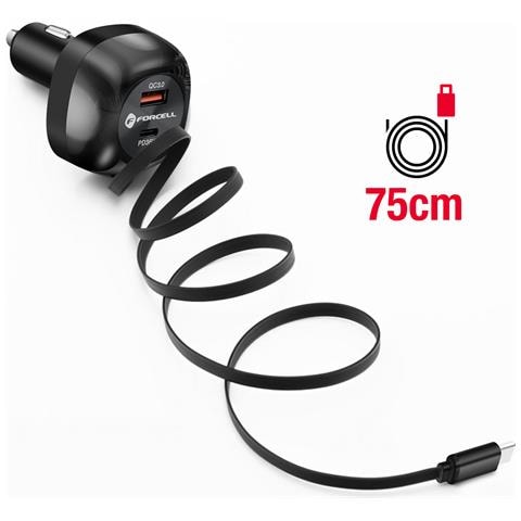Caricatore Per Auto 3 In 1 Da 75 W Cavo Retrattile Integrato Usb-c / Usb-a / 75 Cm - Foto 2