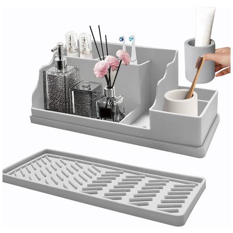 Organizzatore Porta Spazzolini Da Bagno In Silicone 2-in-1 - Contenitore Con Vassoio Di Drenaggio Grey - Foto 1