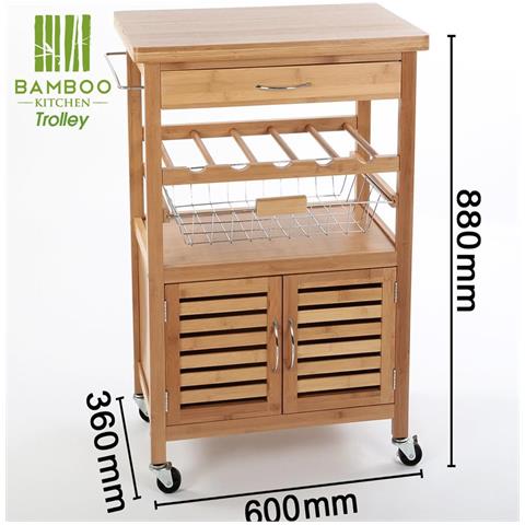 Carrello Cucina In Legno Bambu Con Portabottiglie Cassetto Posate Cesto Acciaio - Foto 8