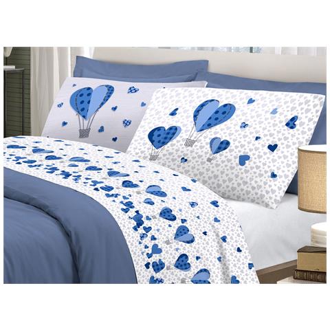 Completo Lenzuola Linea Pensieri Delicati 100% Cotone Disegno Mongolfiera Singolo Blu - Foto 1