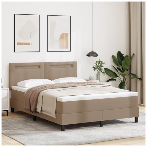Letto a Molle con Materasso Cappuccino 140x190 cm in Pelle Sintetica, Testiera di Design Semplice Cappuccino 140 cm in Pelle Sintetica - Foto 2