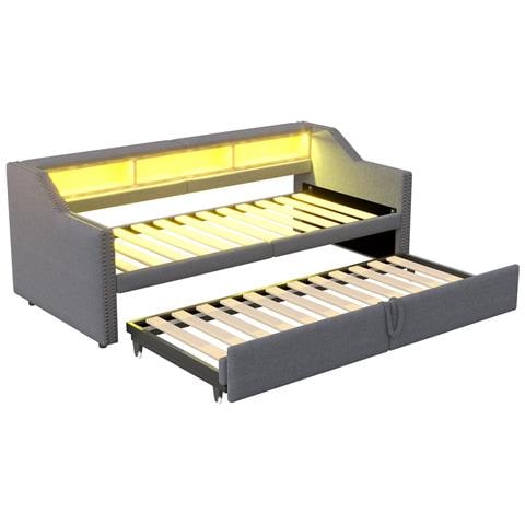 Letto Imbottito Divano-letto 90/180 X 200 Cm Con Rete A Doghe, Contenitore Multifunzionale, Luce Led E Presa Usb, Lino+metallo+compensato+mdf, Grigio Scuro, Senza Materasso - Foto 2