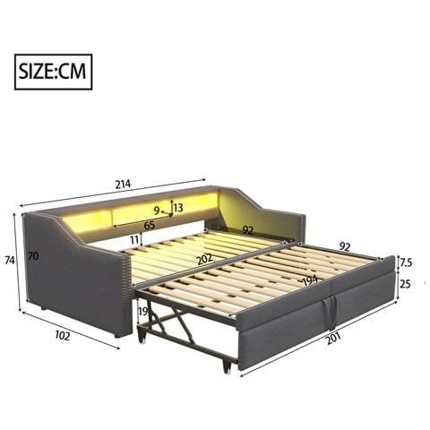 Letto Imbottito Divano-letto 90/180 X 200 Cm Con Rete A Doghe, Contenitore Multifunzionale, Luce Led E Presa Usb, Lino+metallo+compensato+mdf, Grigio Scuro, Senza Materasso - Foto 4