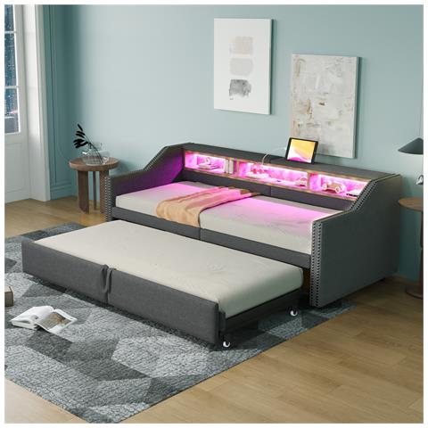 Letto Imbottito Divano-letto 90/180 X 200 Cm Con Rete A Doghe, Contenitore Multifunzionale, Luce Led E Presa Usb, Lino+metallo+compensato+mdf, Grigio Scuro, Senza Materasso - Foto 1