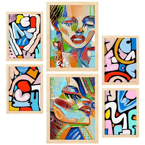 Set Di 6 Stampe Lady Mazarelli In Dipinti Decorativi Estetici Astratti Femminili Per Il Tuo Soggiorno Di Casa A3 & A4 Telaio In Legno Chiaro - Foto 1