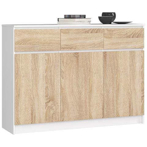 Cassettiera K140, 3 ante e 3 cassetti, 138x40x99 cm, Colore Bianco e Sonoma Quercia - Foto 1