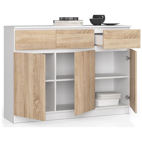 Cassettiera K140, 3 ante e 3 cassetti, 138x40x99 cm, Colore Bianco e Sonoma Quercia - Foto 2