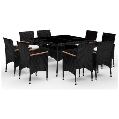 Set Pranzo Da Giardino 9pz In Polyrattan E Vetro Temperato Nero - Foto 1