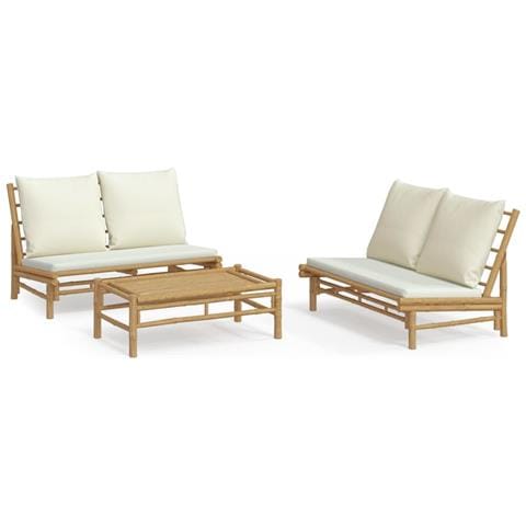 Set Salotto Da Giardino 3pz Con Cuscini Bianco Crema In Bambù - Foto 2