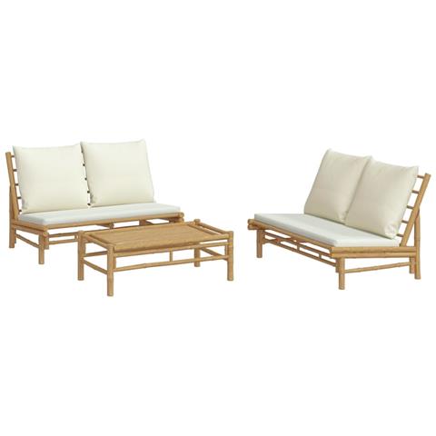 Set Salotto Da Giardino 3pz Con Cuscini Bianco Crema In Bambù - Foto 3