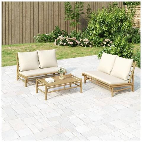 Set Salotto Da Giardino 3pz Con Cuscini Bianco Crema In Bambù - Foto 1
