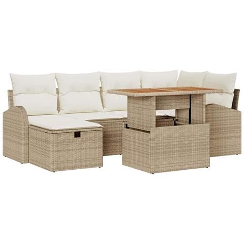 Set di Sofà da Giardino da 7 Pezzi con Cuscini Beige in Polyrattan - Foto 1