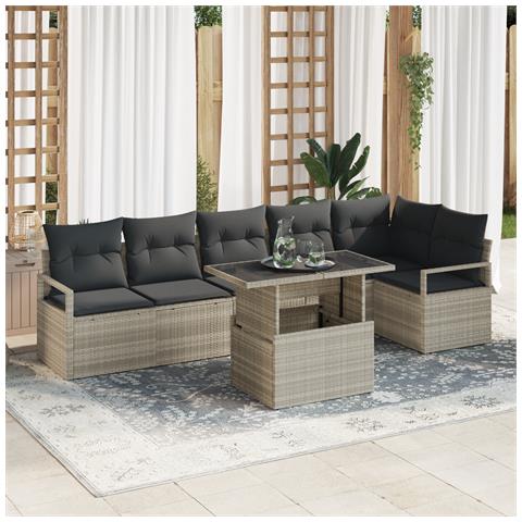 Set di Divano da Giardino  7 Pezzi con Cuscini Grigio Chiaro Rattan Poliestere, Divano da Giardino  2 Posti con Cuscini Grigio Rattan Poliestere - Foto 2