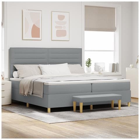 Letto a Molle con Materasso e Panchina Grigio Chiaro 200x200 cm Tessuto - Foto 2