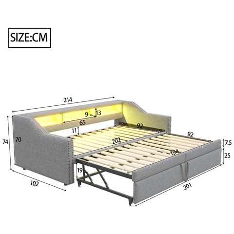 Letto Imbottito Divano-letto 90/180 X 200 Cm Con Rete A Doghe, Contenitore Multifunzionale, Luce Led E Presa Usb, Lino+metallo+compensato+mdf, Grigio Chiaro, Senza Materasso - Foto 2