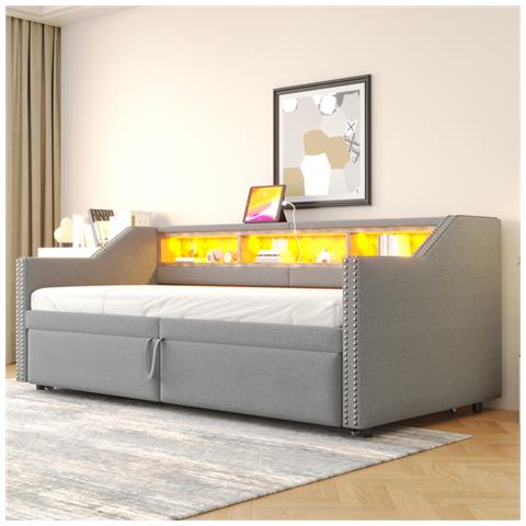 Letto Imbottito Divano-letto 90/180 X 200 Cm Con Rete A Doghe, Contenitore Multifunzionale, Luce Led E Presa Usb, Lino+metallo+compensato+mdf, Grigio Chiaro, Senza Materasso - Foto 4