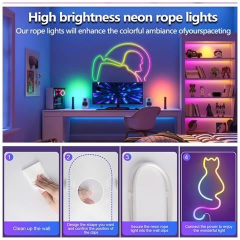 Striscia Led Neon Rgb 5m - 60 Led/m, Controllo Bluetooth 2.4g, Decorazione Fai-da-te Flessibile - Foto 4