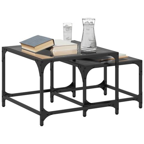 Tavolini Impilabili 2pz Con Piano Vetro Nero In Acciaio - Foto 3