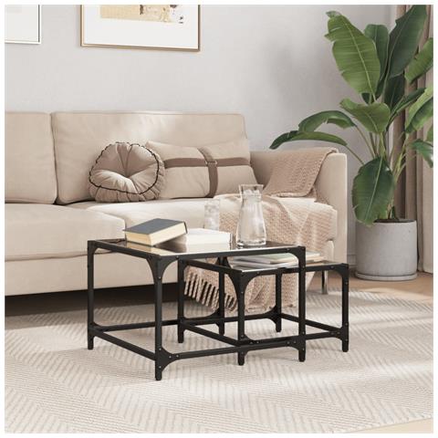 Tavolini Impilabili 2pz Con Piano Vetro Nero In Acciaio - Foto 1