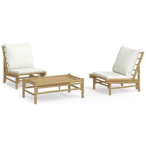 Set Salotto Da Giardino 3pz Con Cuscini Bianco Crema In Bambù - Foto 2
