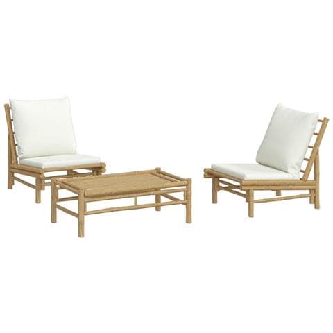 Set Salotto Da Giardino 3pz Con Cuscini Bianco Crema In Bambù - Foto 3