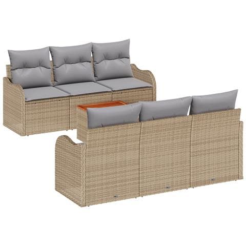 Set di Sofà da Giardino da 7 Pezzi con Cuscini Beige Polyrattan Acacia,  Sofà da Giardino a 2 Posti con Cuscini Beige Polyrattan - Foto 1